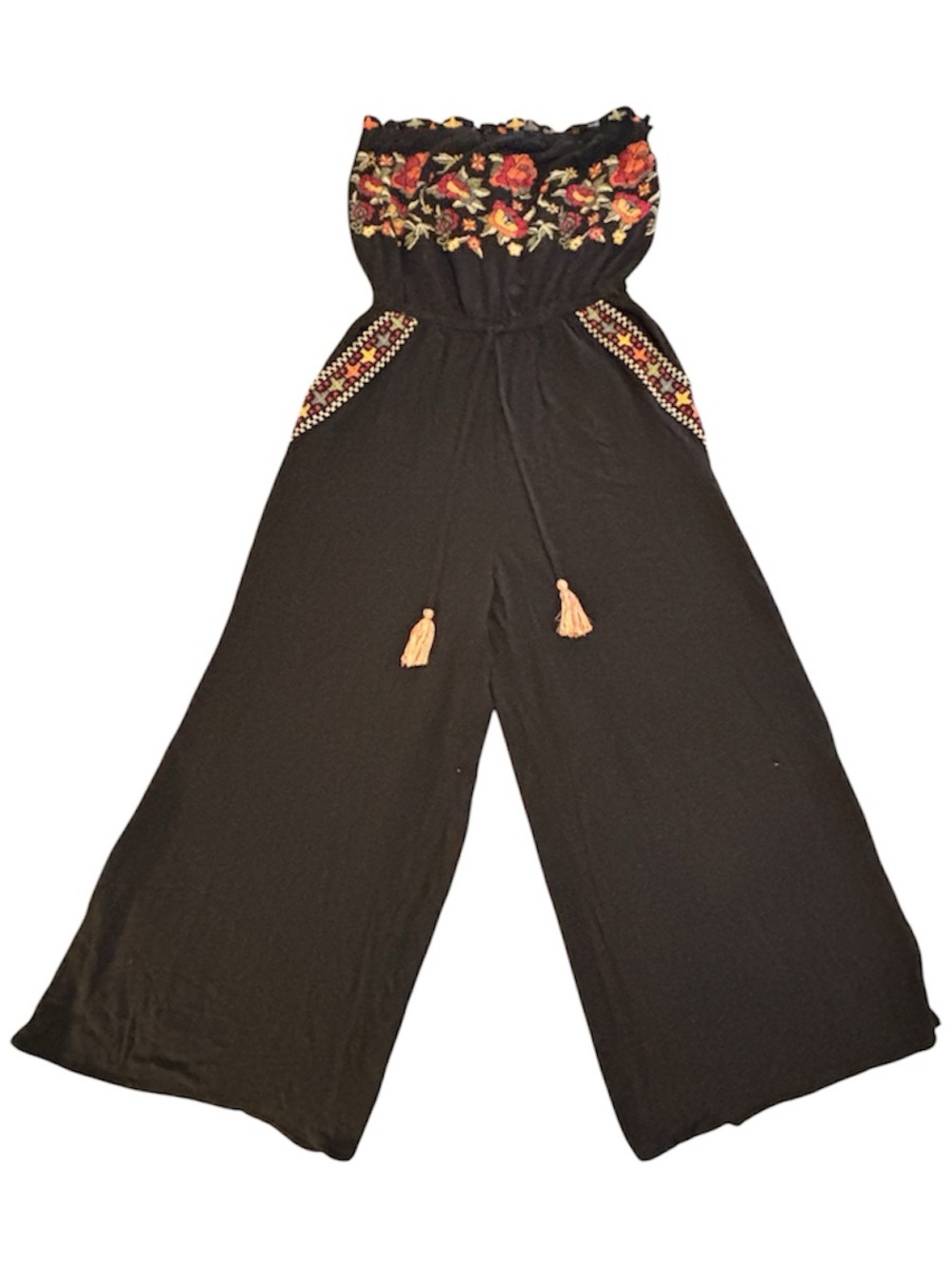 American Eagle Black Strapless Wide-Leg Jumpsuit with Floral Embroidery